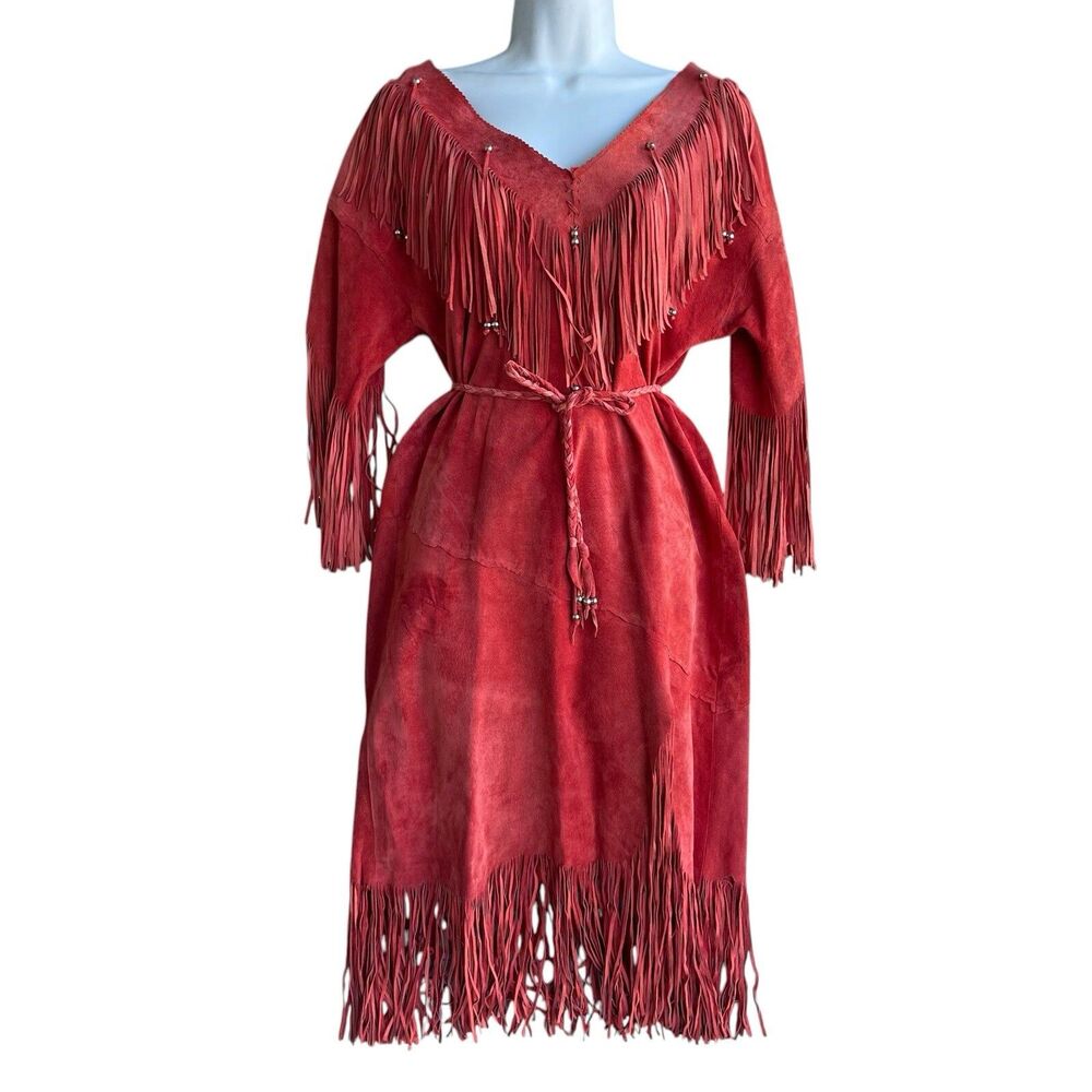 Vintage REN Ellis Red Suede Fringe Dress Western Small Boho Chic Native American